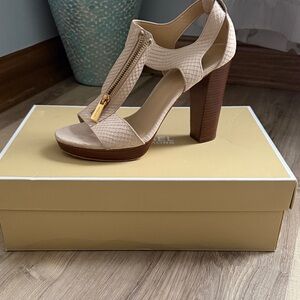 Michael Kors Nude Textured Zip-Front Block Heel Sandals